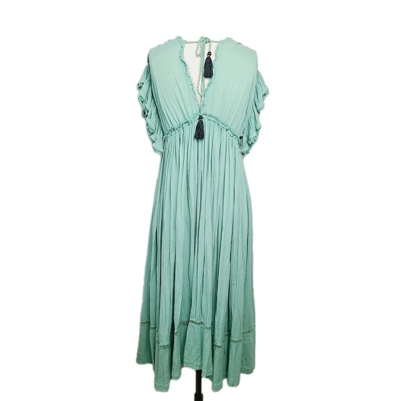 Free People Will Wait For You Boho Embroidered Midi Dress Green Gauze Flowy XS - Picture 6 of 10